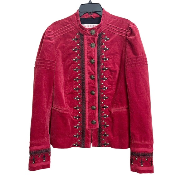 Free People Jackets & Blazers - Free People Maven Pintuck Jacket Blazer Red Velvet Embroidery Pleated S Military